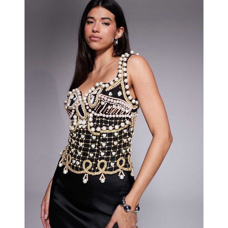 ASOS LUXE pearl embellished top in black-Multi