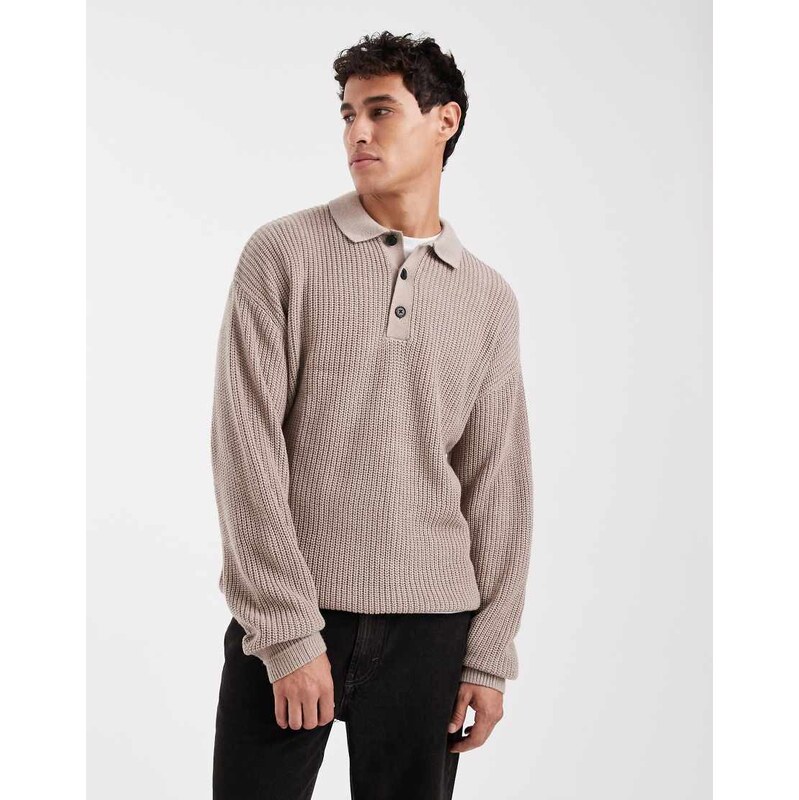 Jack & Jones knitted polo in beige-Neutral