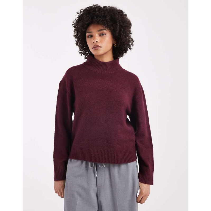 Brave Soul high neck knitted jumper in aubergine-Red