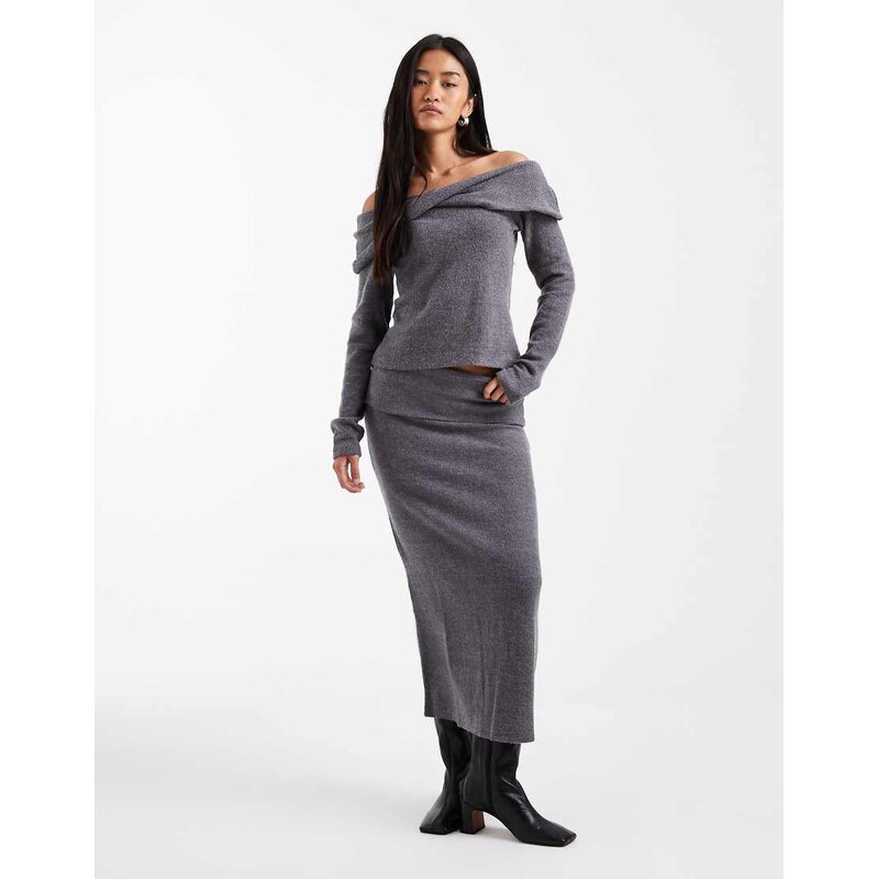 Vero Moda soft touch folded waistband midi skirt co-ord in grey