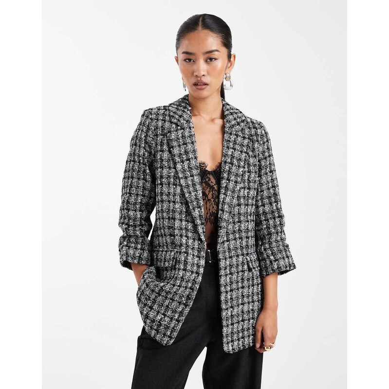 Vero Moda oversized boucle texture ruched sleeve blazer in black and 115515282
