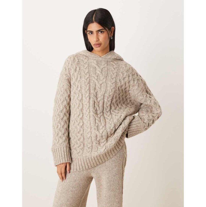 ASOS DESIGN oversized cable hoodie in oatmeal-Neutral