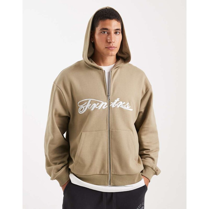 ASOS DESIGN relaxed zip through hoodie with embroidery print in beige-Neutral
