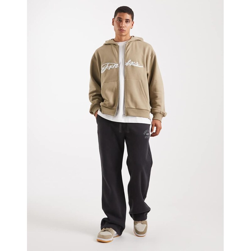 ASOS DESIGN relaxed zip through hoodie with embroidery print in beige-Neutral