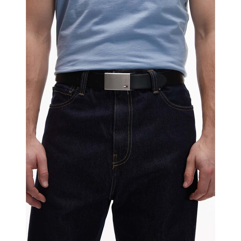 Tommy Hilfiger metal clasp leather belt in black and silver