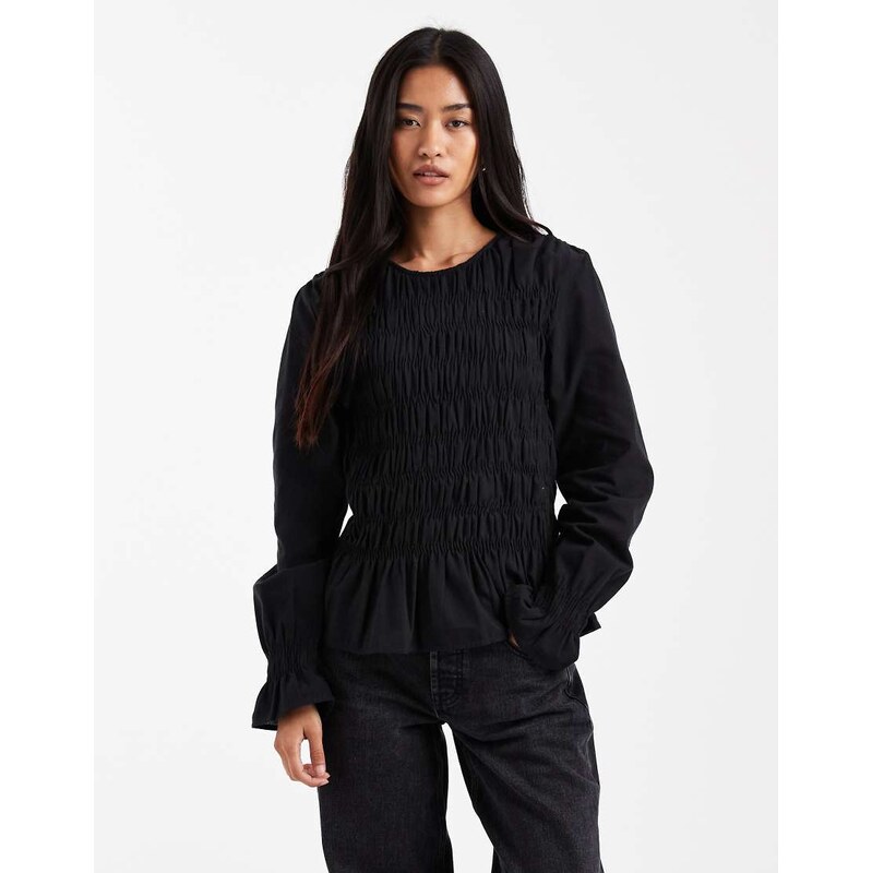 Vero Moda shirred bodice top with poet sleeve in black