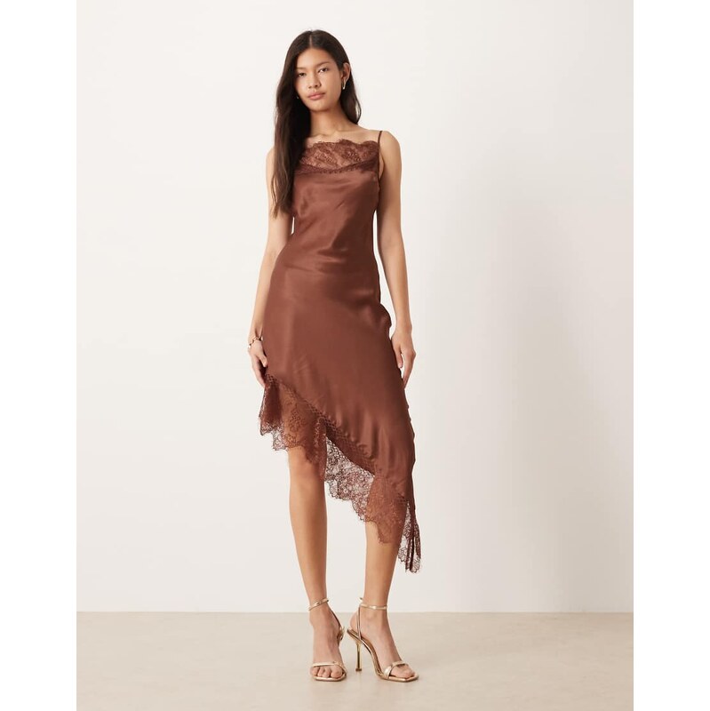 ASOS DESIGN cami lace detail asymmetric satin mini dress in