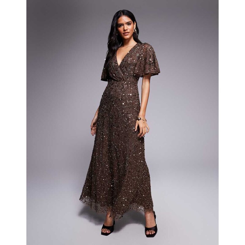 Beauut embellished v wrap flutter sleeve maxi dress in chocolate