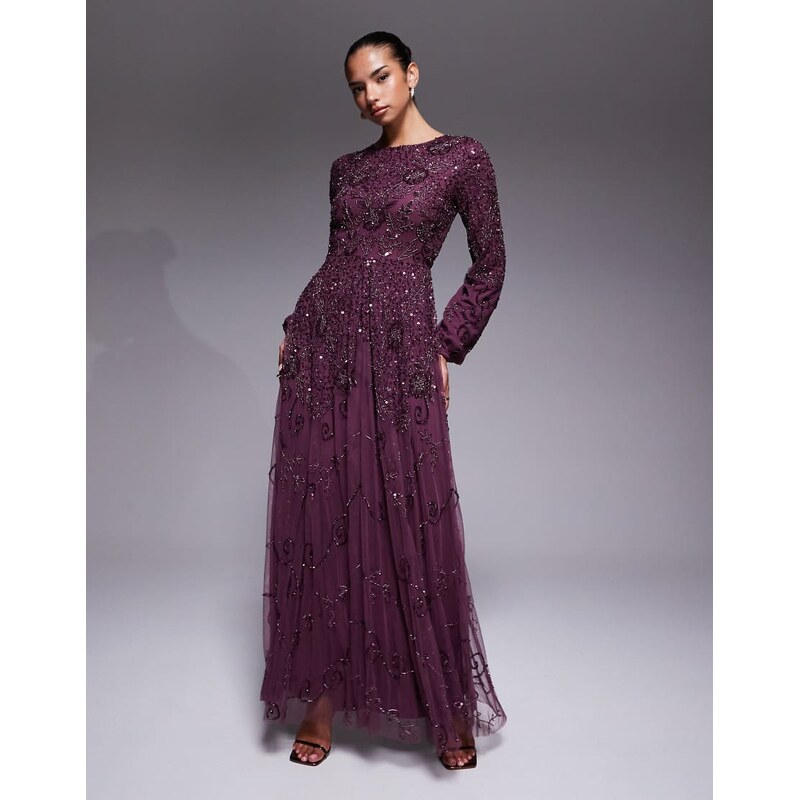 Beauut fully embellished beaded mesh overlay balloon sleeve maxi dress 112185123