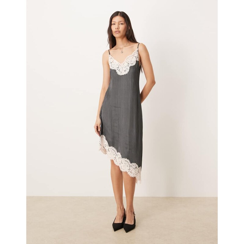 ASOS DESIGN lace bodice cami asymmetric satin mini dress in grey pinstripe-Multi
