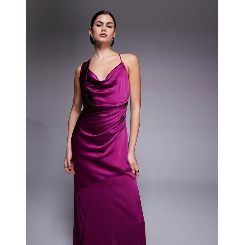 TFNC satin draped neck cross back maxi dress in plum-Purple 115518572