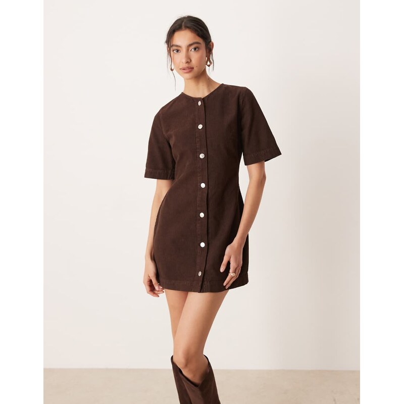 ASOS DESIGN cord button through mini dress in chocolate brown