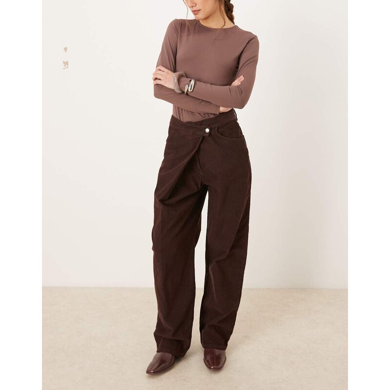 ASOS DESIGN corduroy wrap over wide leg jean in chocolate brown