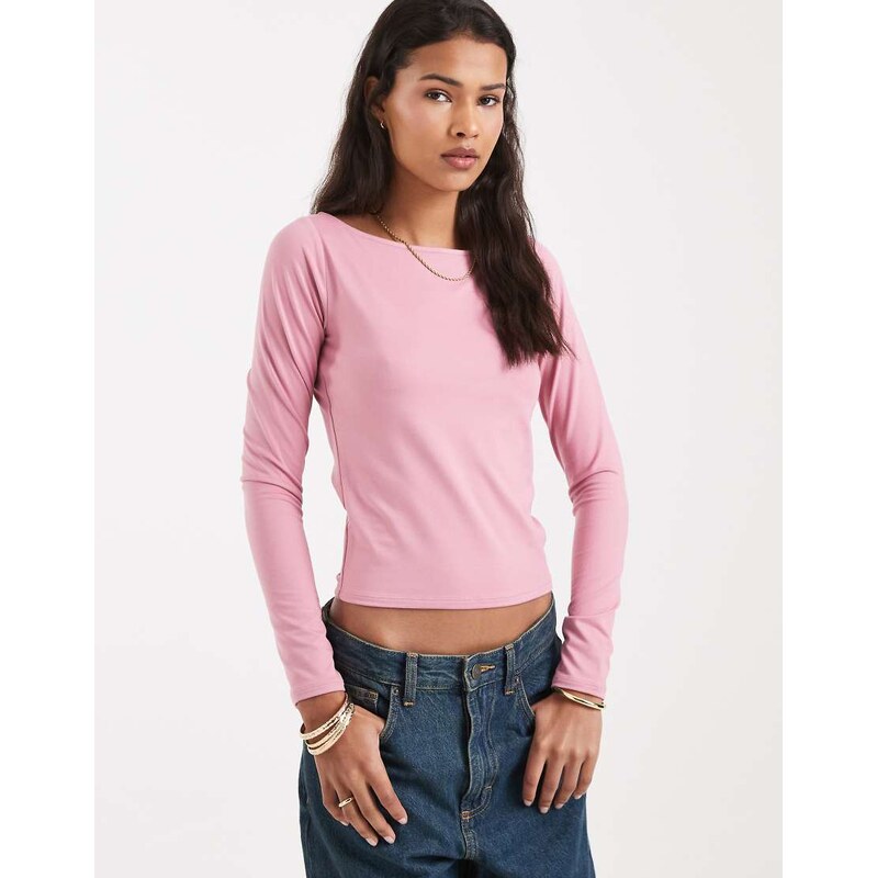 Hollister long sleeve slash neck seamless top in pink