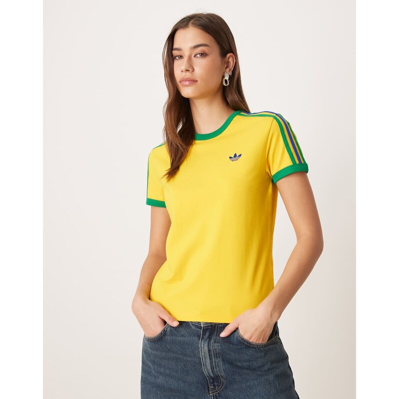 adidas Originals 3 stripes slim tee in yellow and green 115504516