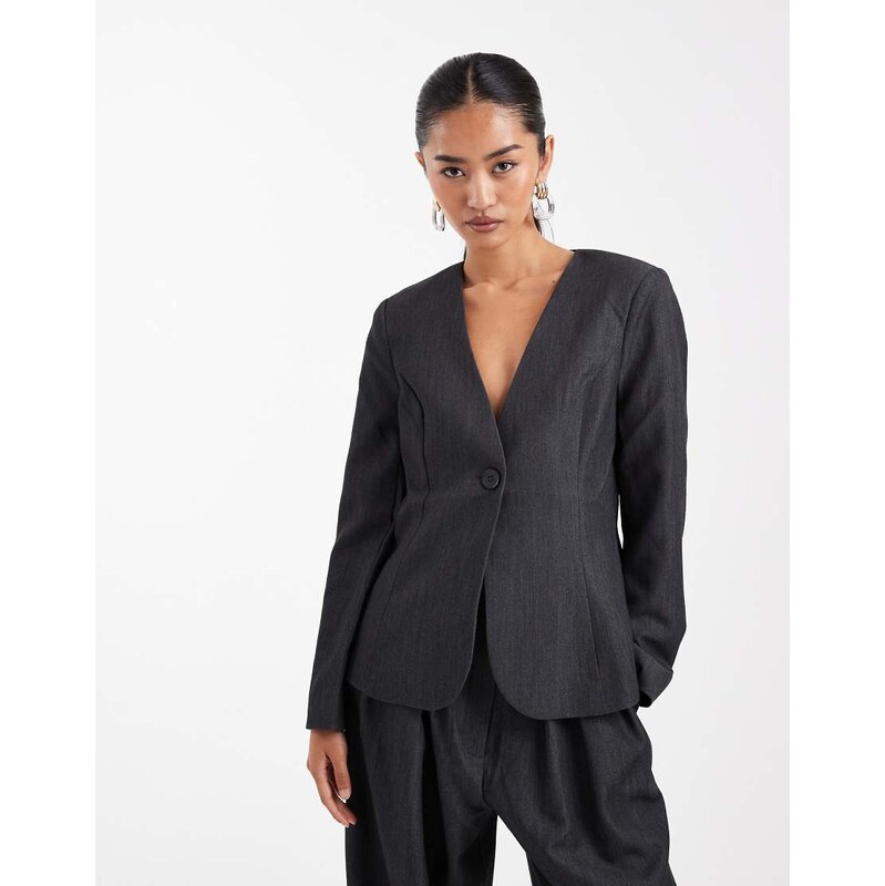 Vero Moda clean collarless tailored blazer co-ord in dark grey melange 110671094
