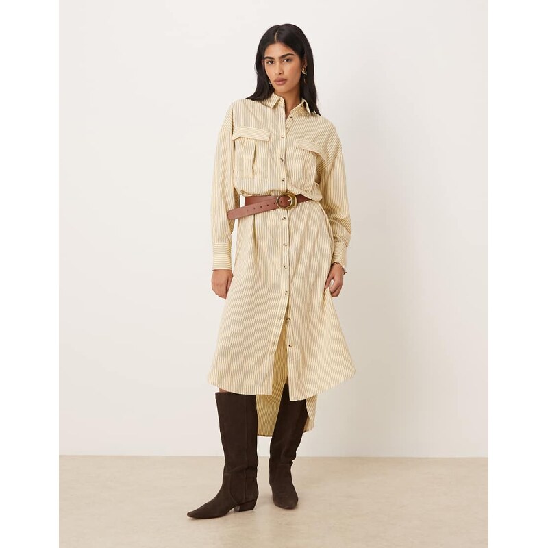 ASOS DESIGN relaxed shirt maxi dress with pockets in pale yellow pinstripe