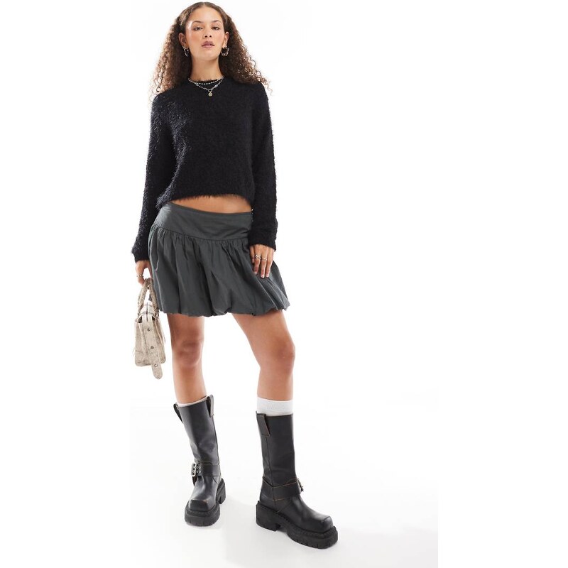 Noisy May crew neck fuzzy knit jumper in black
