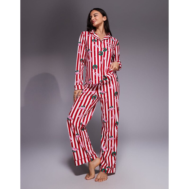 Boux Avenue fleece long sleeve & trouser PJ set in a bag in striped 111074234