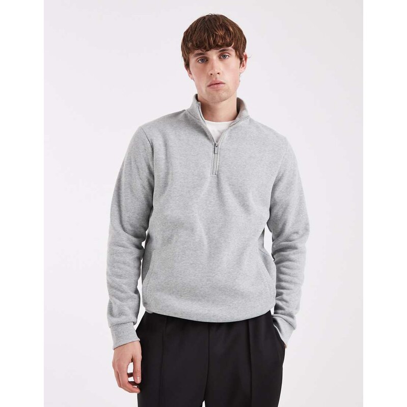 Brave Soul quarter zip funnel neck sweatshirt in grey marl
