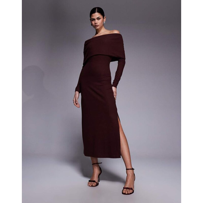 ASOS DESIGN supersoft fold over bardot maxi dress in chocolate