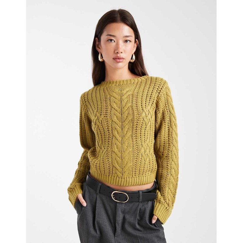 Brave Soul crew neck cable knit jumper in olive green