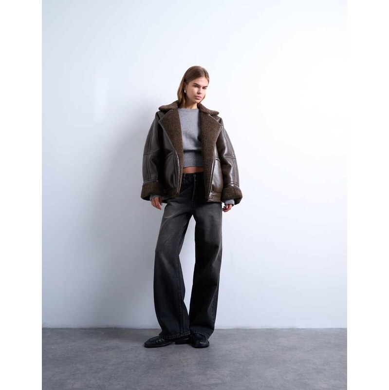 Topshop vintage wash shearling aviator bomber in chocolate-Brown