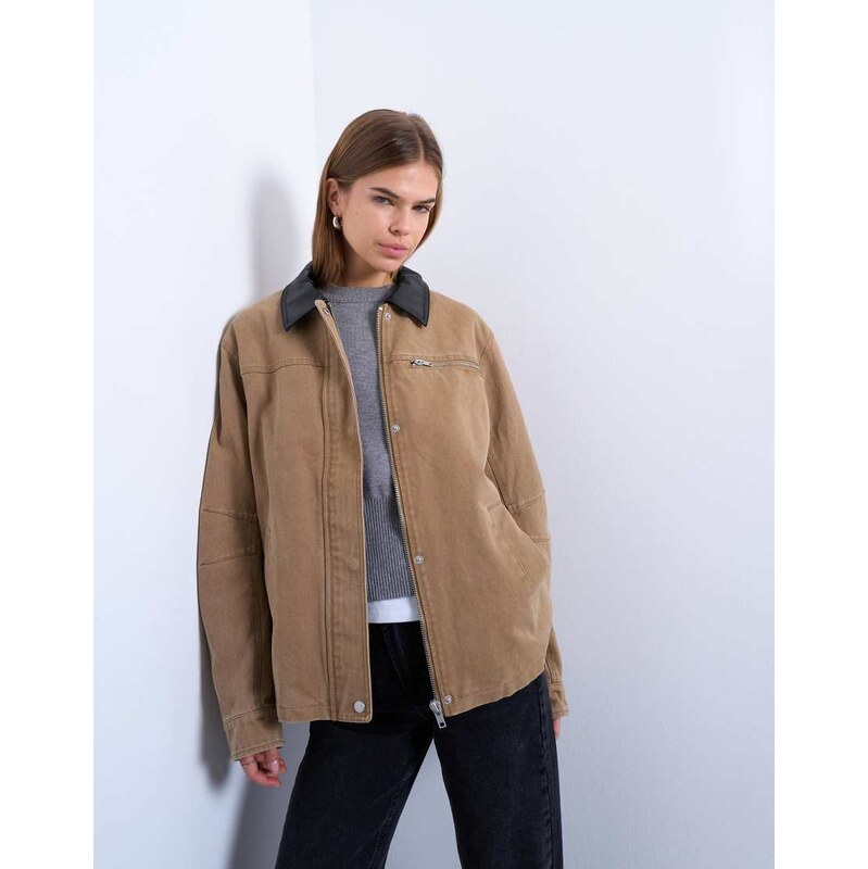 Topshop zip through barn jacket with contrast PU collar in tan -