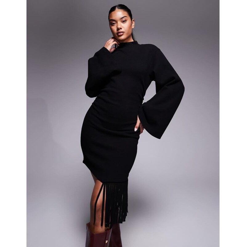 ASOS DESIGN supersoft high neck fringe mini dress in black