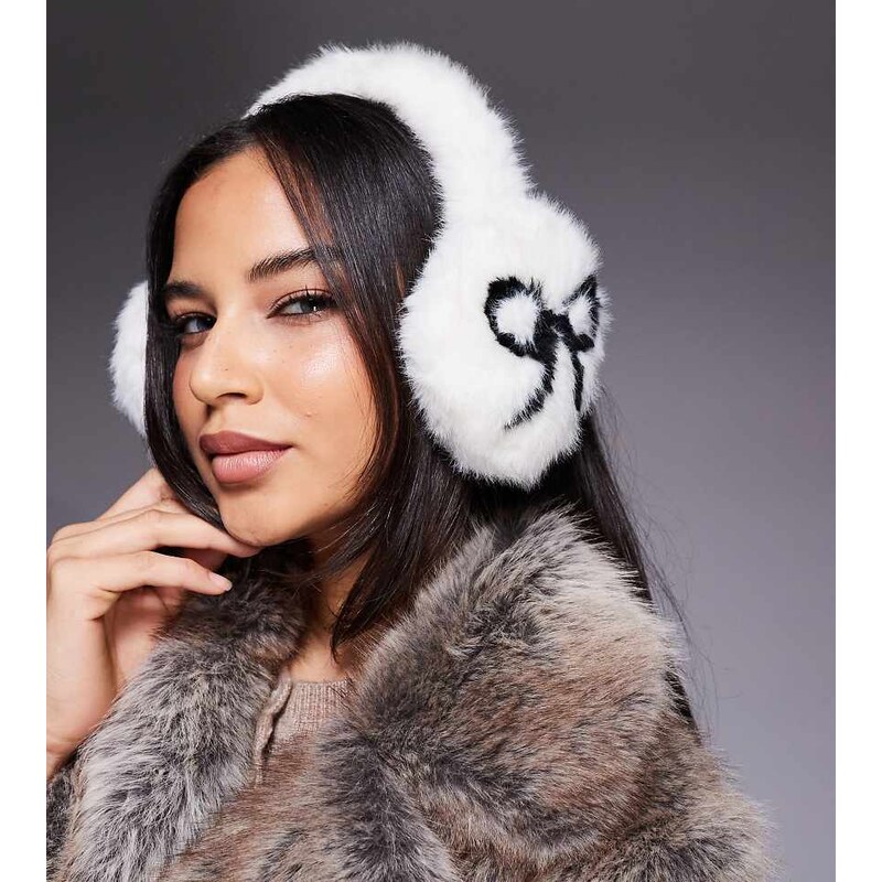 Kaiia exclusive faux fur ear muffs in white bow print-Multi 111046146