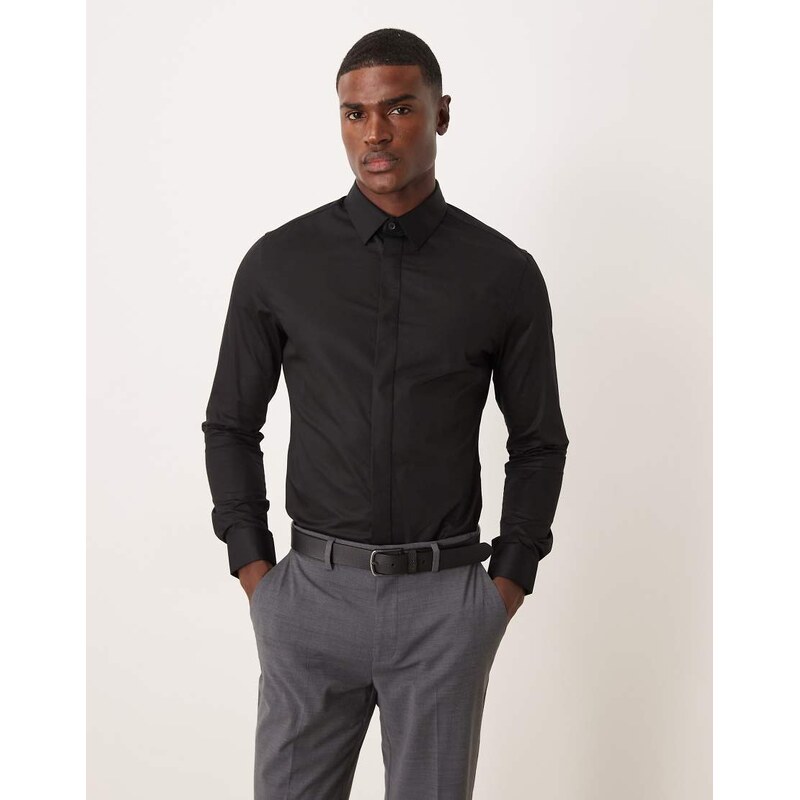 ASOS DESIGN easy iron slim fit sateen shirt in black