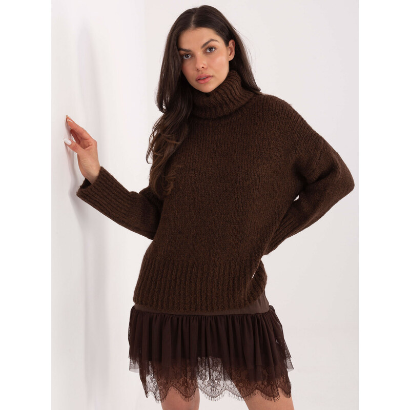 BASIC Tmavě hnědý dámský hřejivý oversize rolák -dark brown Hnědá 111171200