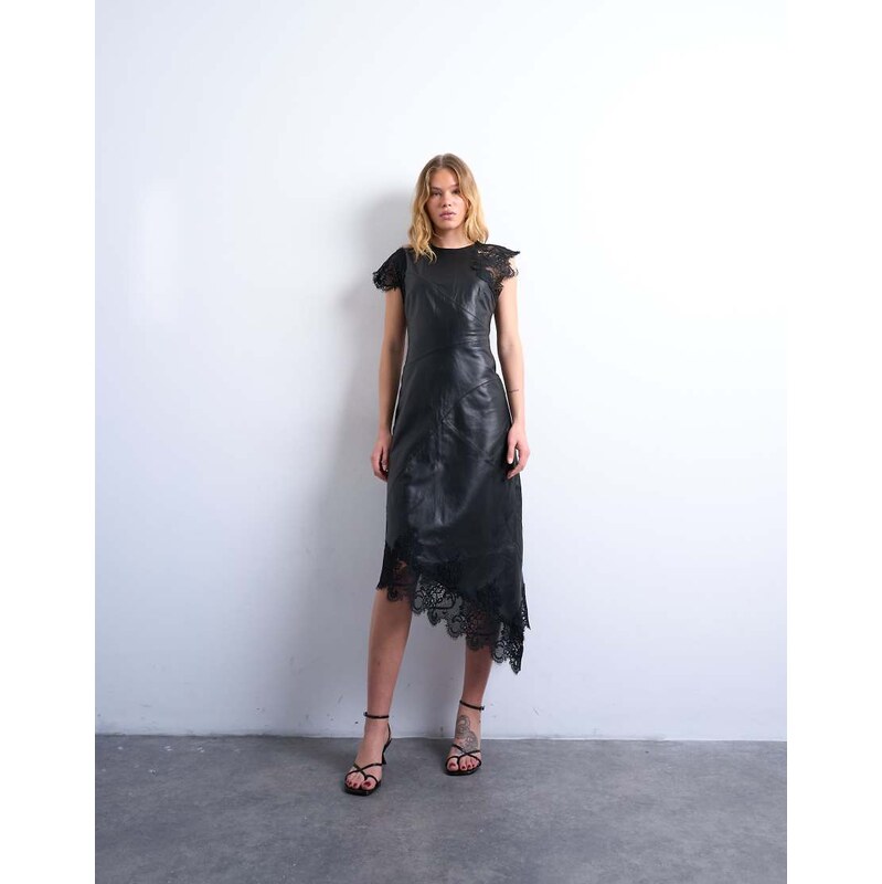 Topshop leather lace insert grown on shoulder midi dress in
