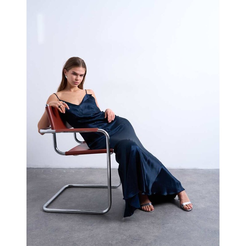 Topshop folded edge satin Cami slip maxi dress in navy
