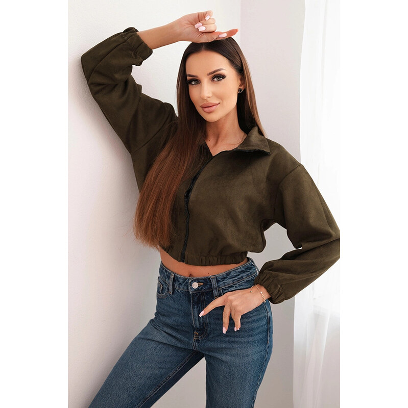 K-Fashion Semišová mikina na zip khaki