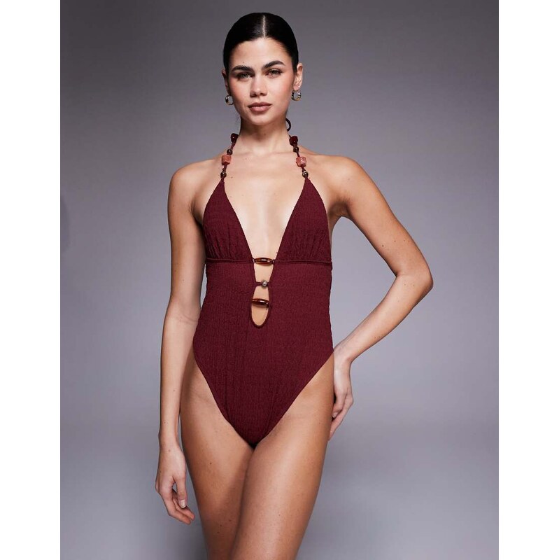 ASOS DESIGN Ruth plunge cut out swimsuit with resin trim burgundy-Red 115514320