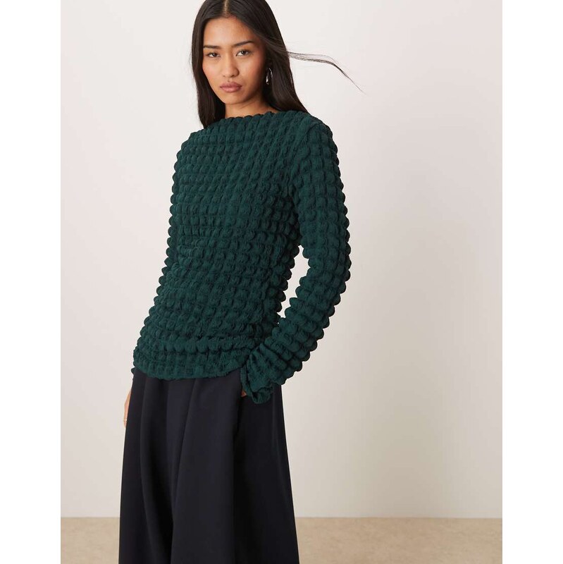 Vila bubble textured long sleeve top in dark green 110753726