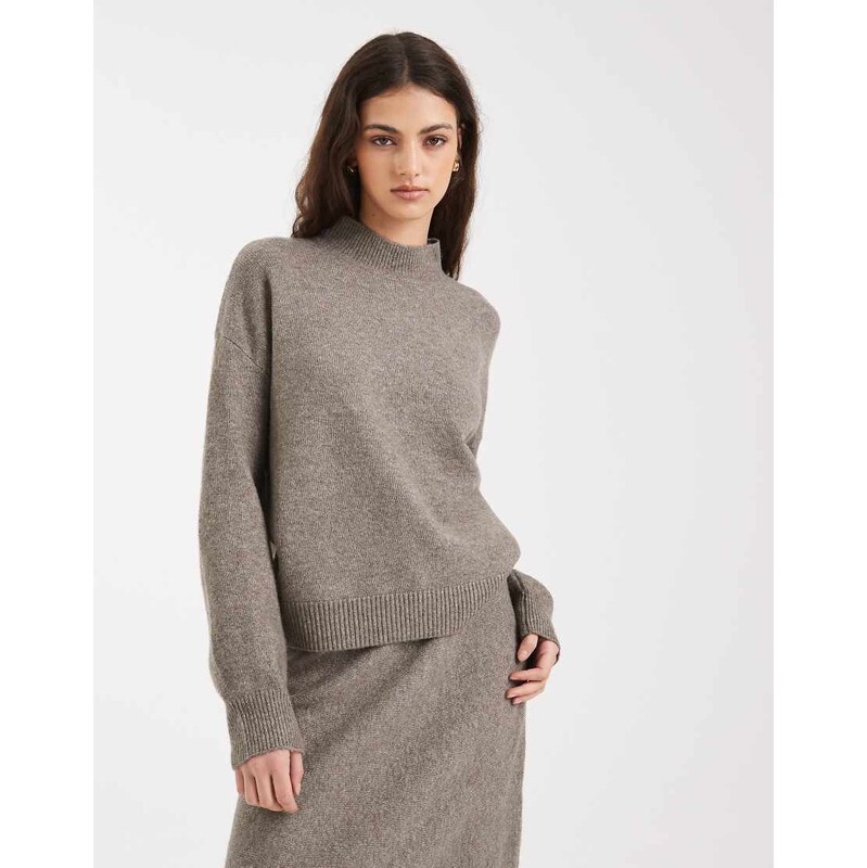 Pieces high neck knitted jumper co-ord in brown melange
