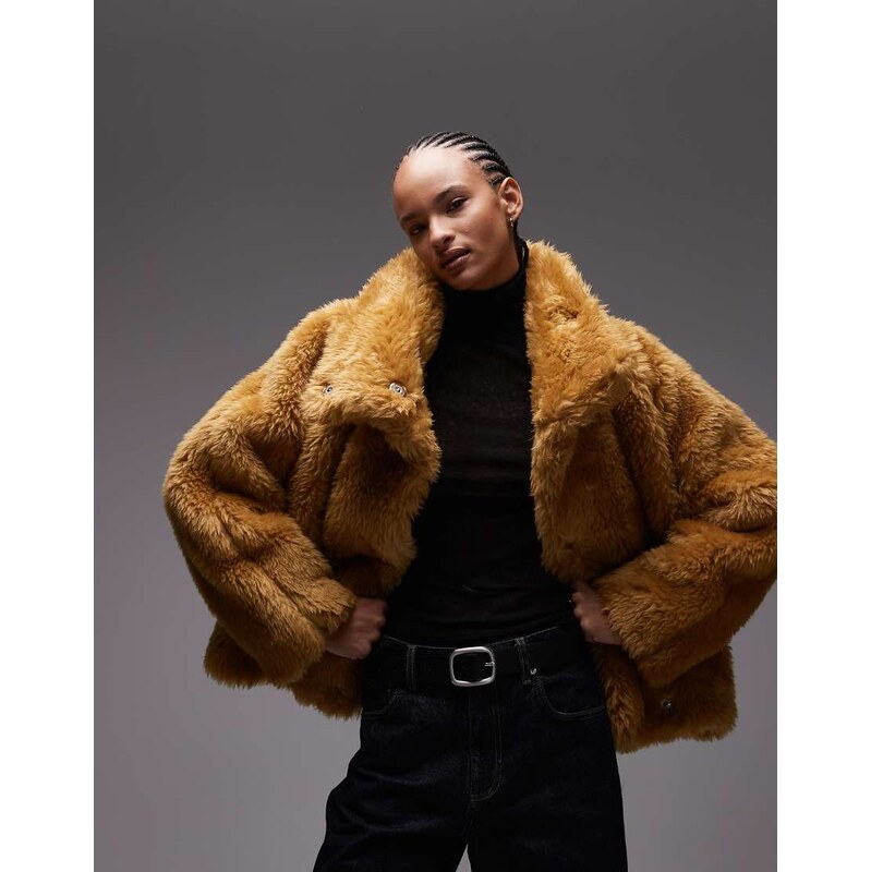ASOS DESIGN faux fur bubble hem bomber jacket in ochre-Orange 110753791