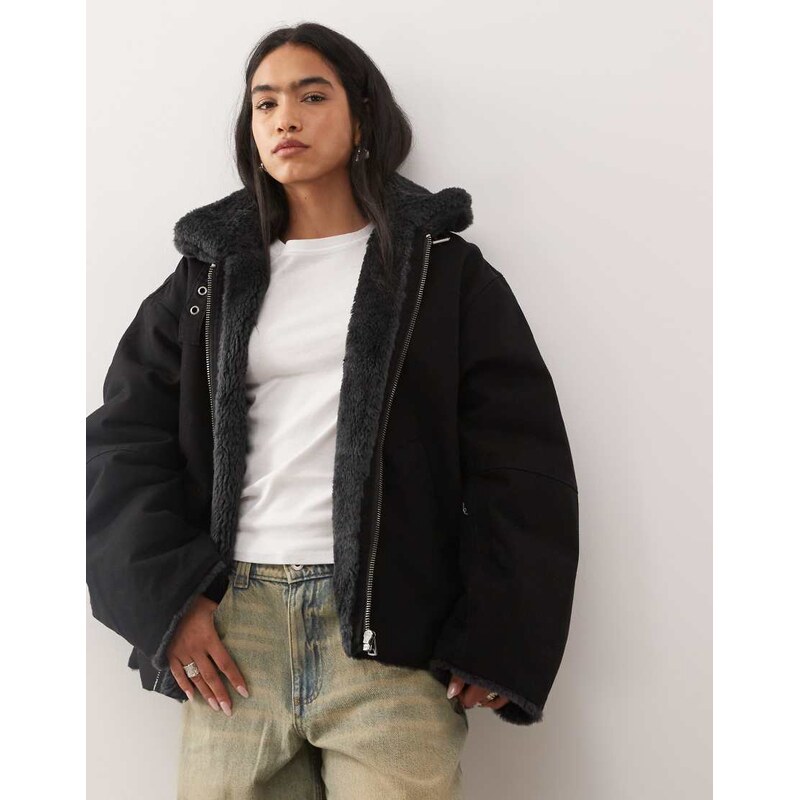 Weekday canvas jacket with faux fur collar in washed black 110753797