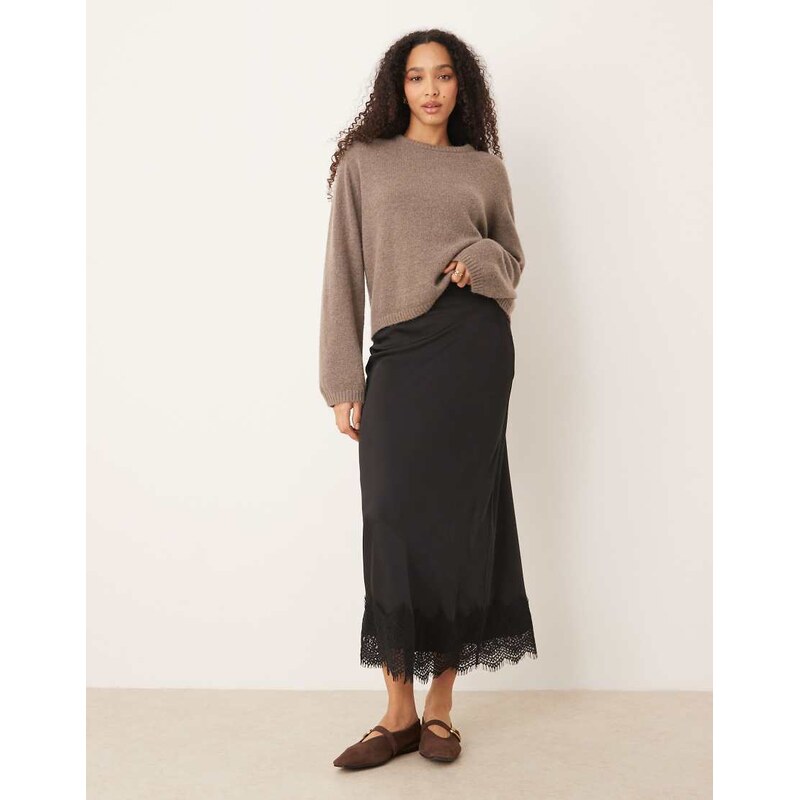 Vila satin maxi skirt with lace trim in black