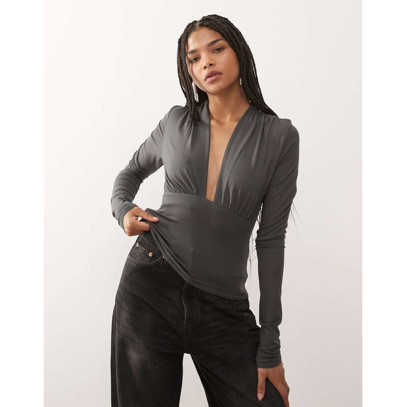 Weekday plunge long sleeve top in dark grey exclusive to ASOS 115518202