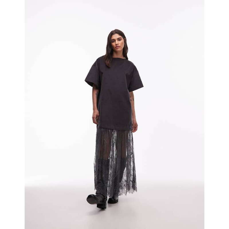 ASOS DESIGN cord t-shirt hybrid mini dress with lace skirt in