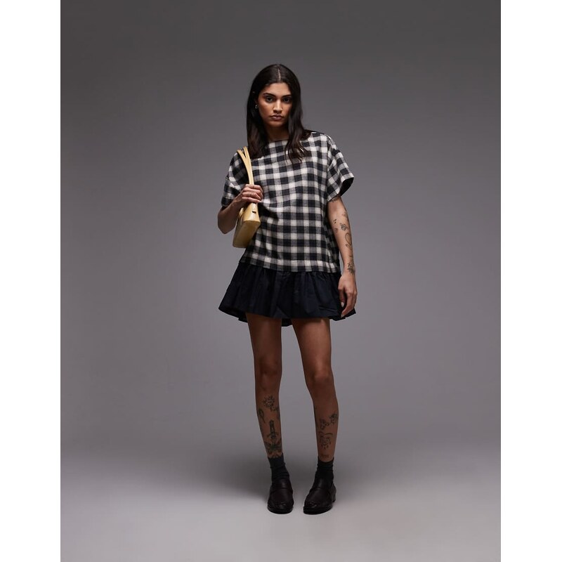 ASOS DESIGN cord hybrid t-shirt mini dress in mono check-Multi