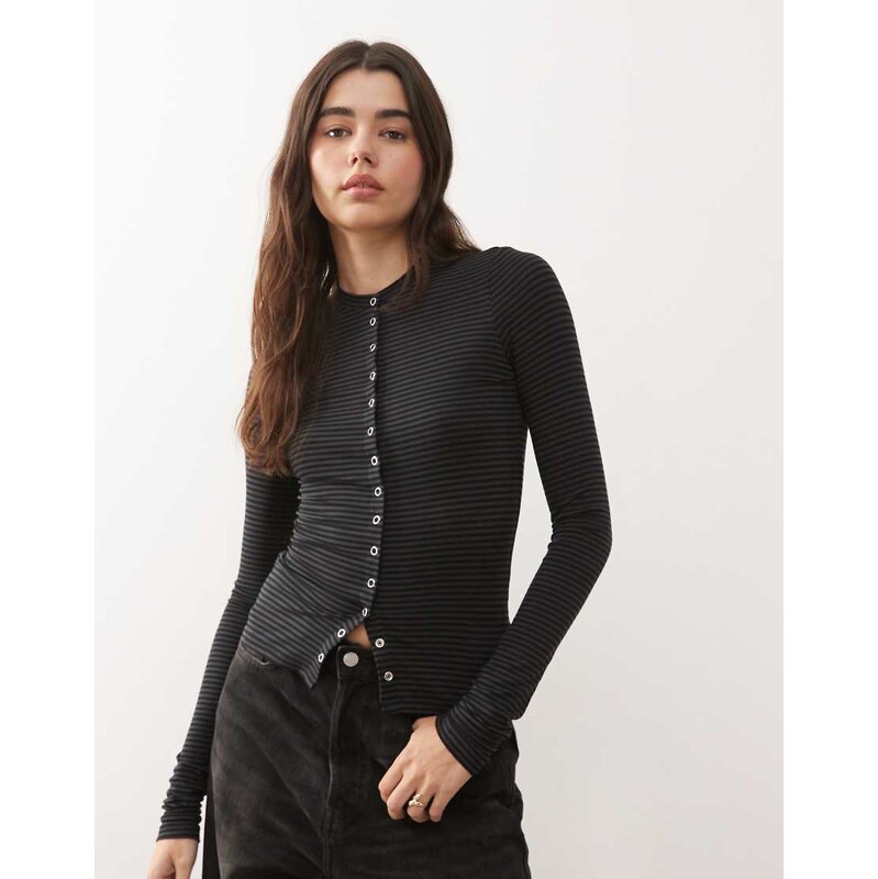 Weekday slim fit button front long sleeve top in black and grey stripe 110753926