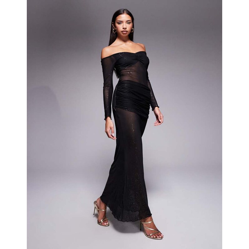 Fashionkilla glitter mesh long sleeve sheer insert ruched detail