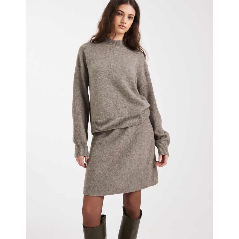 Pieces knitted mini skirt co-ord in brown melange 110753929