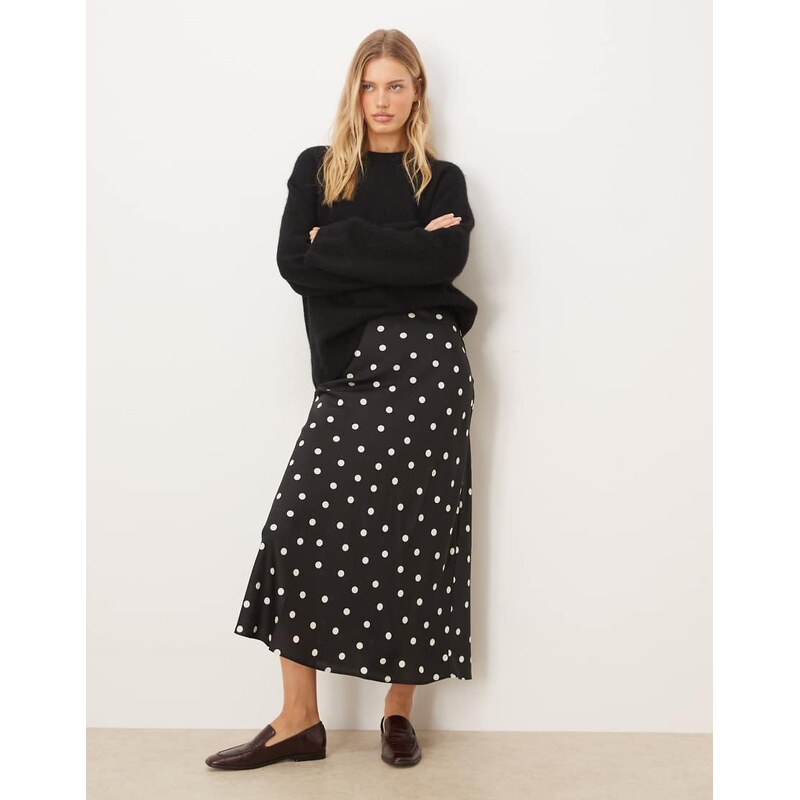 Vila satin maxi skirt in black and white polka dot print