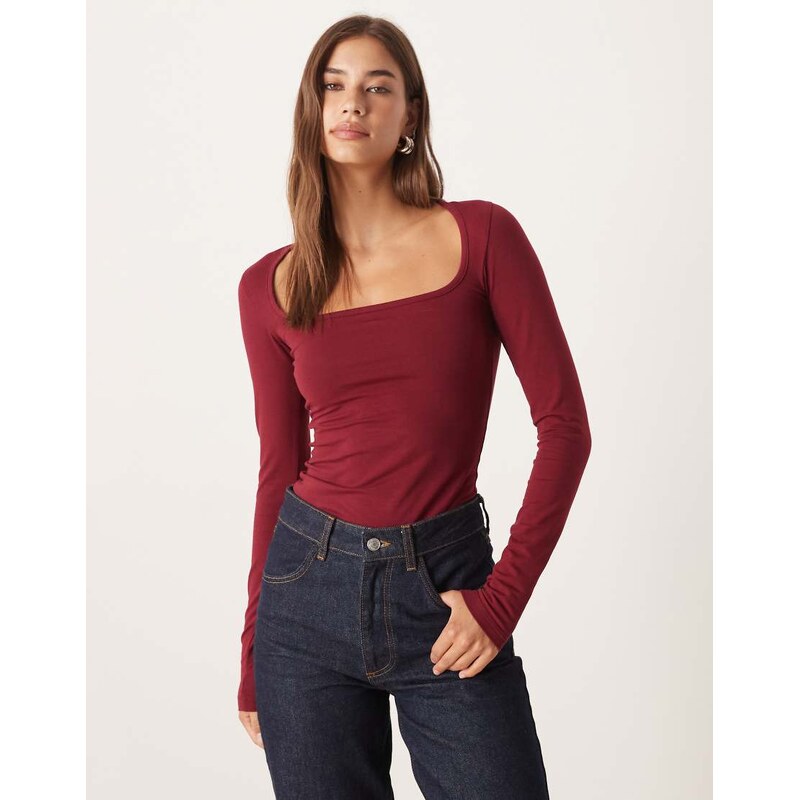 JJXX square neck long sleeve top in burgundy-Red