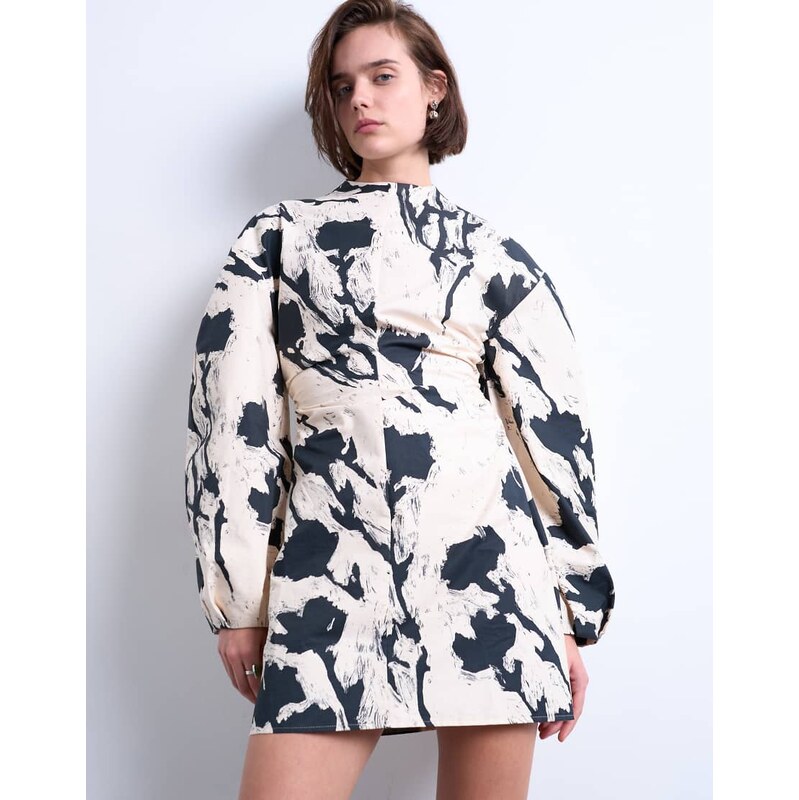 Topshop balloon sleeve cinch waist mini dress in mono floral